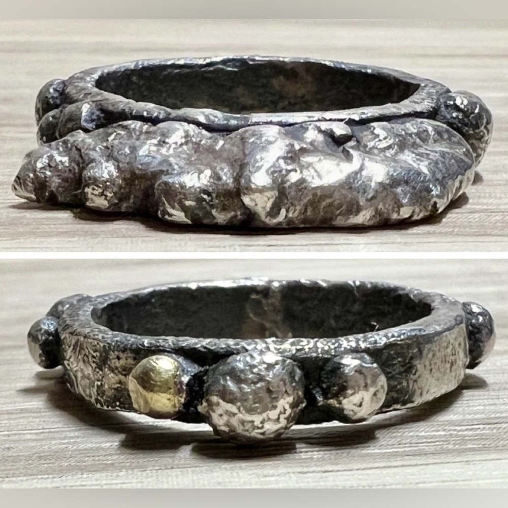 Vintage Artisan Sterling Silver & Gold Organic Pebbled Tall Band Ring, Size 9